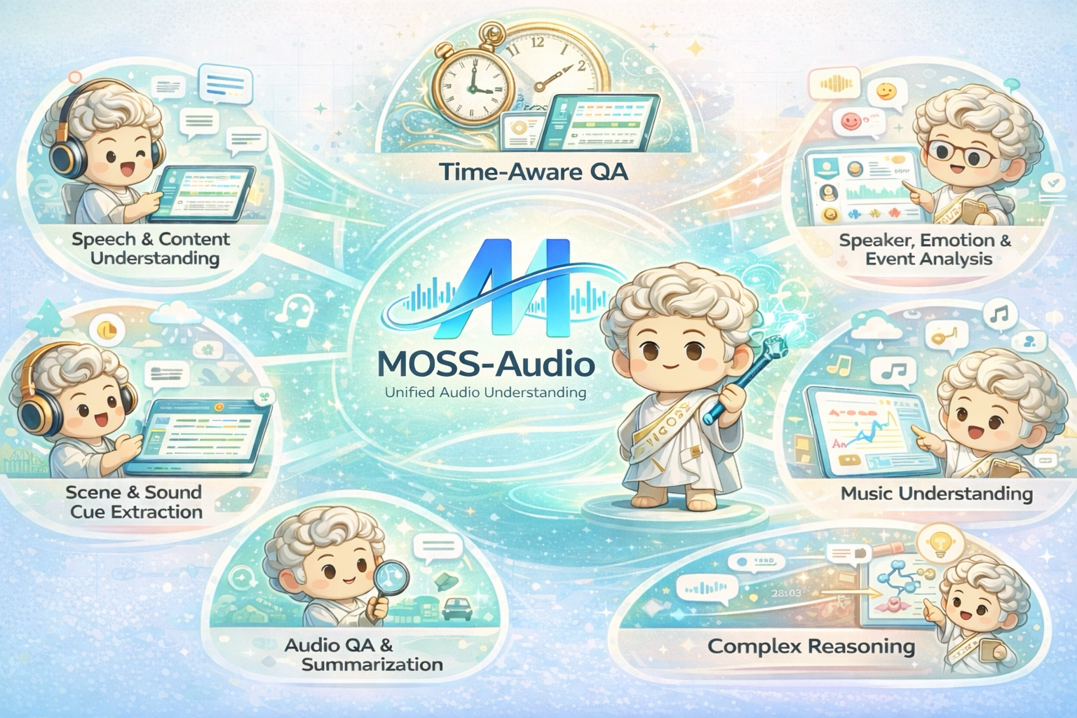 MOSS-Audio performs unified modeling over complex real-world audio, supporting speech understanding, environmental sound understanding, music understanding, audio captioning, time-aware QA, and complex reasoning.