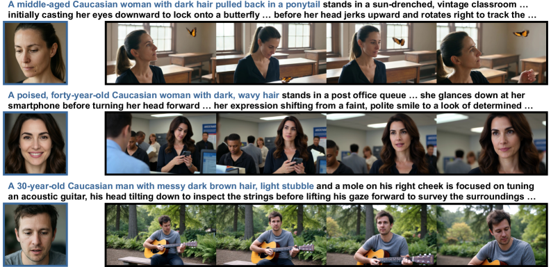 ST-DRC teaser image showcasing identity-preserving text-to-video generation results.