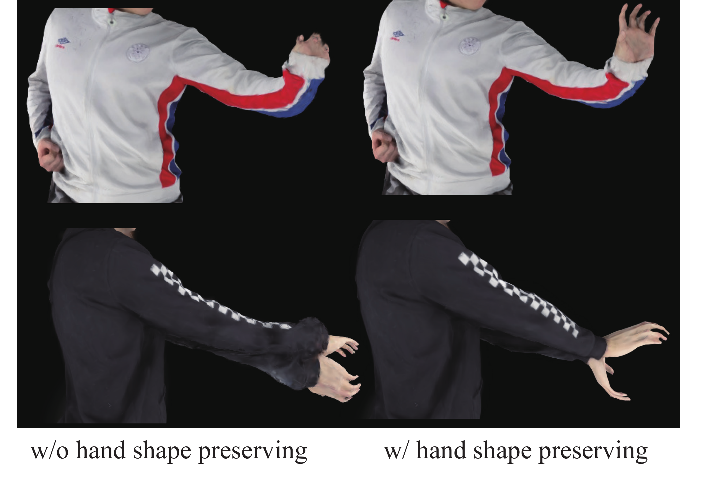 Hand-aware skin tightness examples. First row: high fit weight produces Gaussian artifacts (left) versus our hand shape preserving method (right). Second row: low fit weight creates glove-like hands (left) versus our approach (right). Our semantic weighting strategy achieves better balance between visual fidelity and robustness.