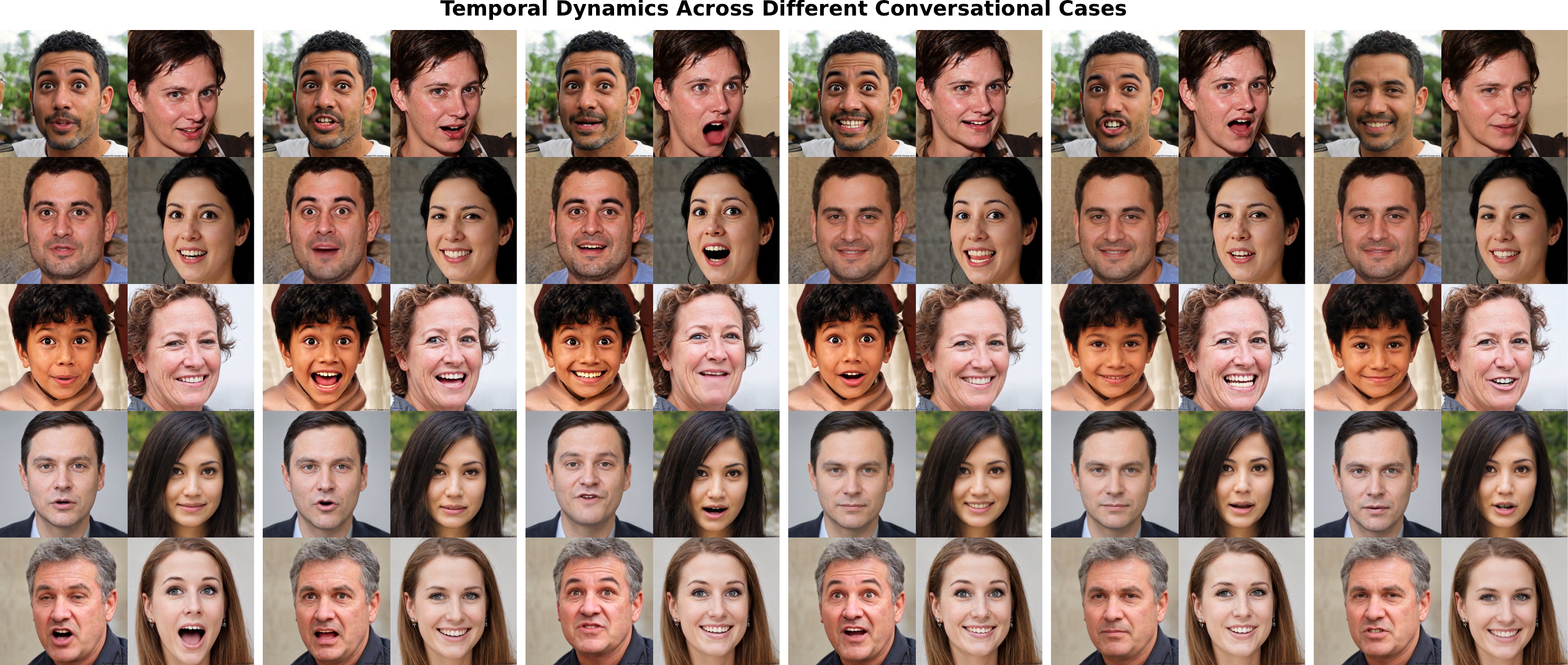 Temporal dynamics of dual-agent interactions. Each row is one dialogue case with 6 snapshots at 1.5 s intervals. Both agents are shown side-by-side per frame, illustrating synchronized emotion transitions and natural conversational flow over time.