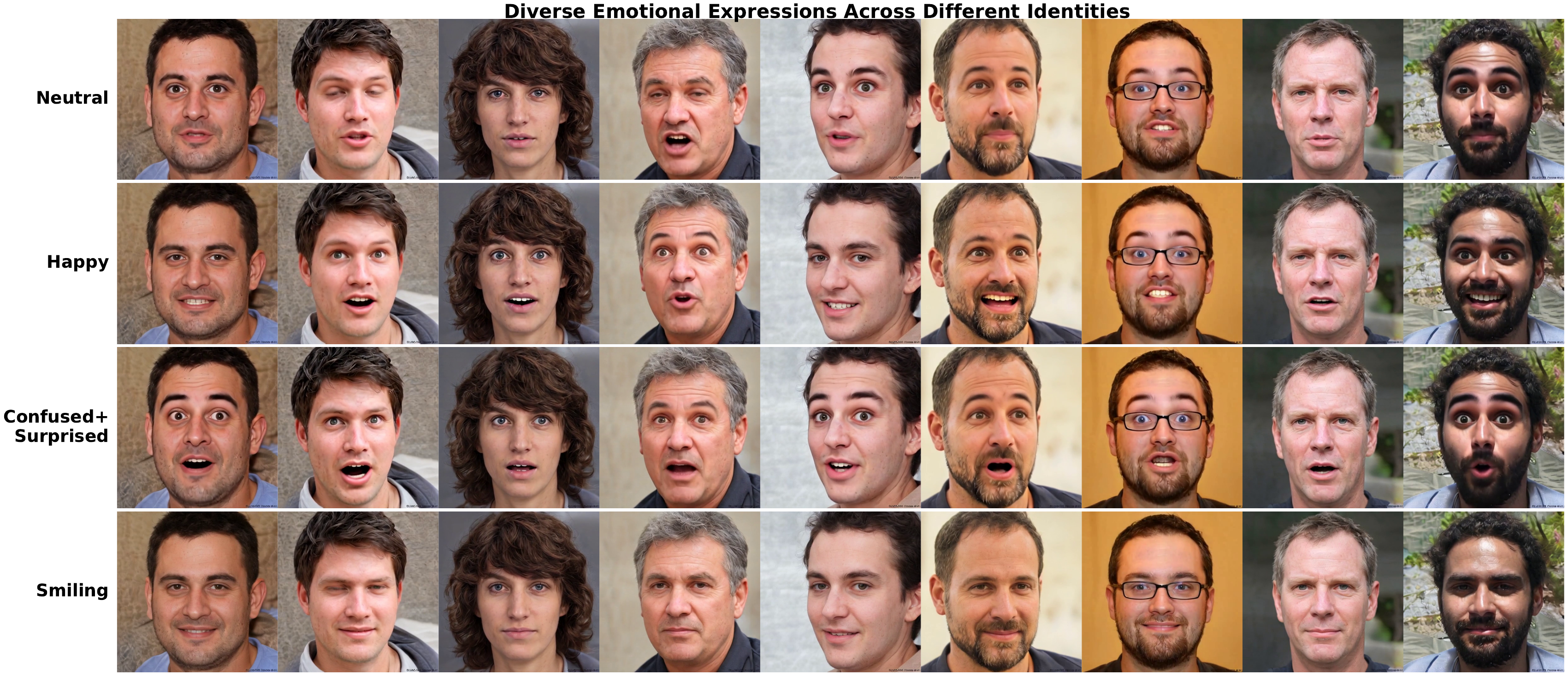 Diverse emotional expressions across 9 identities. Each row corresponds to a different emotion and each column to a different person. The top two rows depict pure single-emotion states, while the bottom two illustrate compound emotions produced by blending multiple entries in the 8-dimensional weight vector $ $.