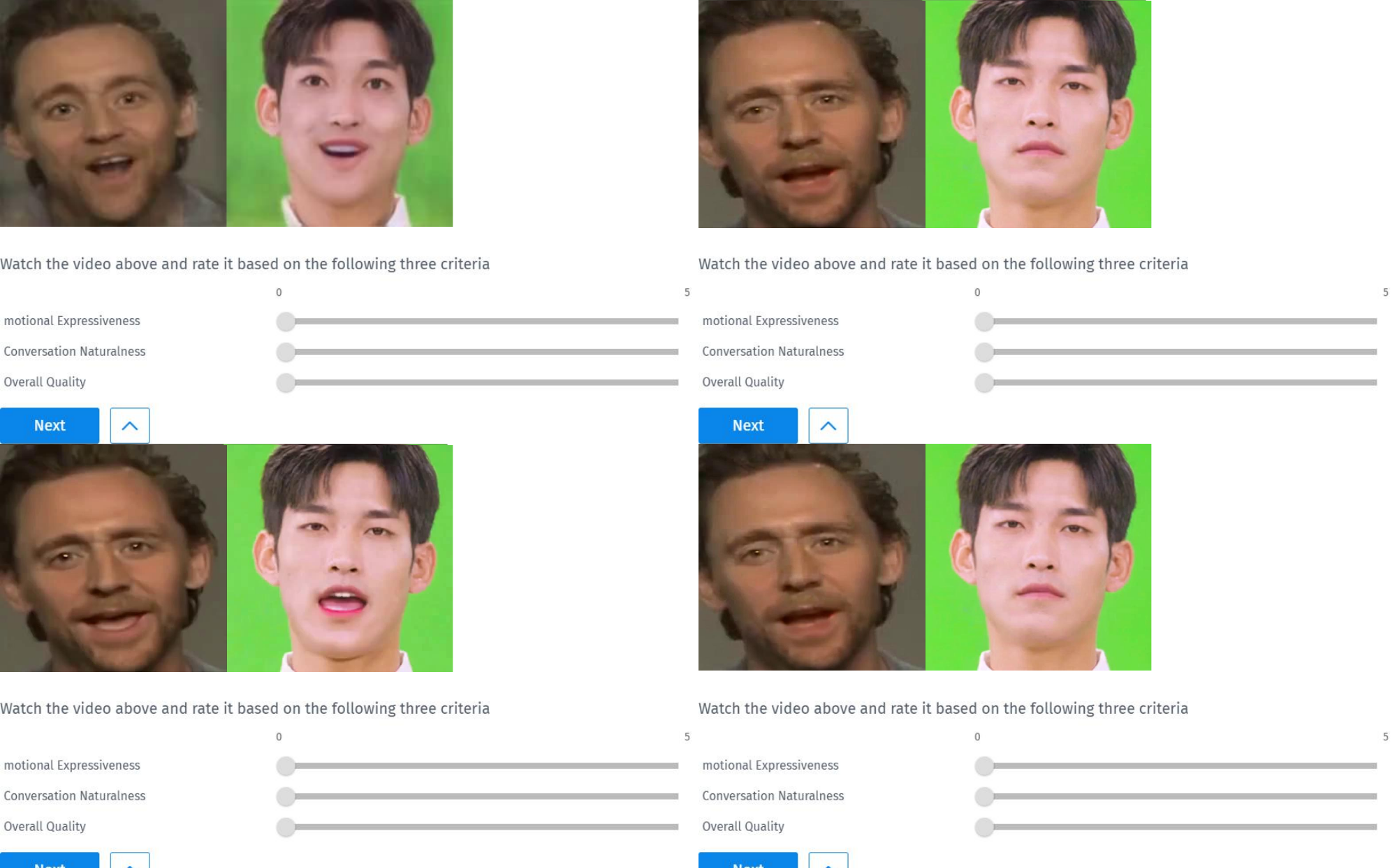 User study interface. Participants view side-by-side video pairs in randomized positions and rate three dimensions via continuous sliders.