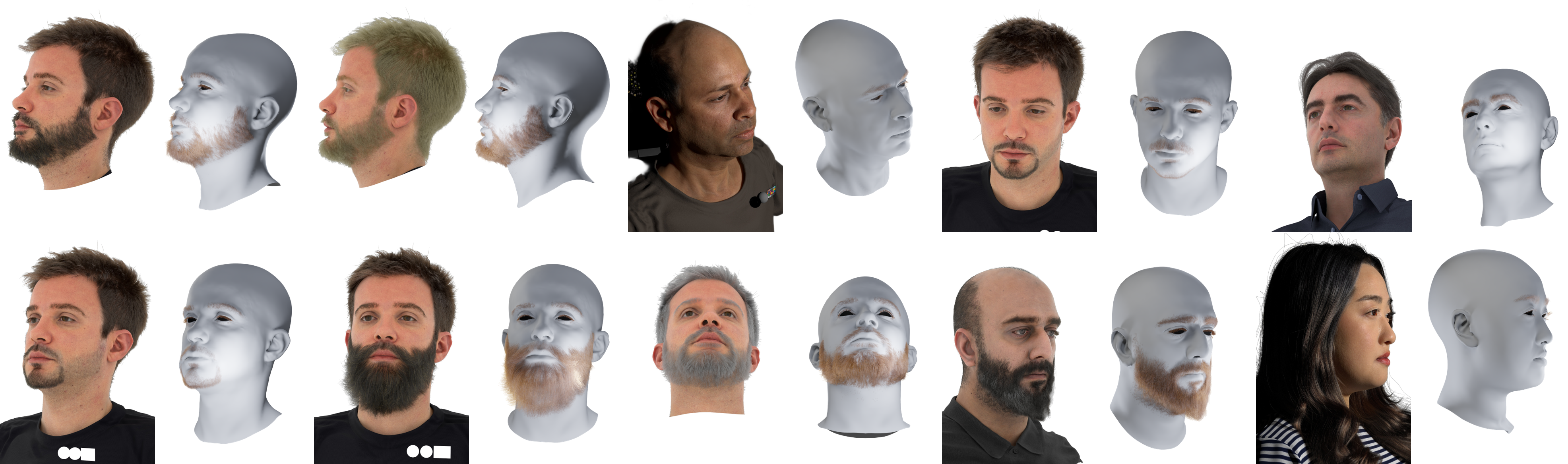 Reconstruction results. Our method preserve subject-specific traits including the overall shape and orientation, but also strand sparsity and clustering patterns across diverse facial hair — from fine eyelashes, to short stubble and sparse brows, to long dense beards. We recommend readers to zoom-in.