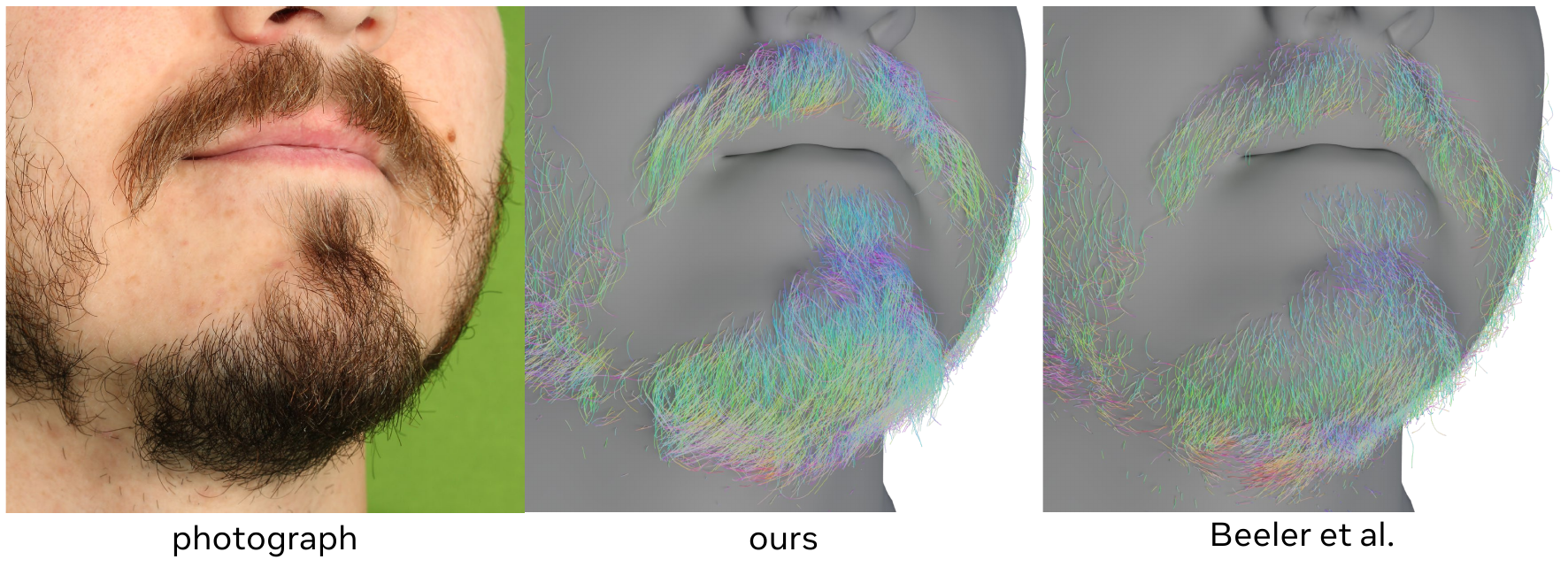 Comparison with Using inputs and results provided by the authors.~ recover isolated strands more precisely in sparse regions, while our method achieves more uniform coverage and directional coherence in dense areas such as the chin beard.