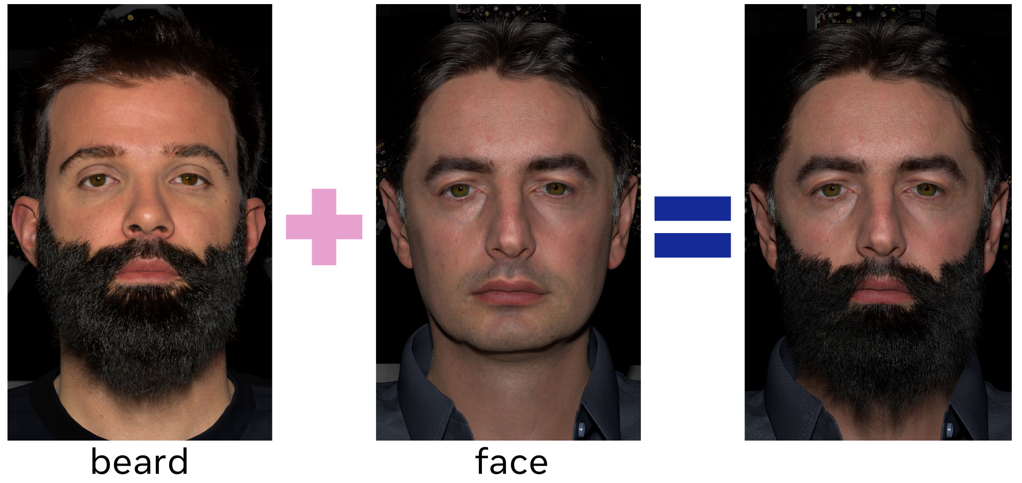 Beard implantation. Because our strands are grounded onto a shared UV topology, the reconstructed facial hair asset can be directly transferred across subjects without re-grounding. Given a source beard (left) and a target face mesh (middle), we implant the strands by mapping root positions through the shared UV space, producing a plausible result that naturally conforms to the target's facial geometry (right).