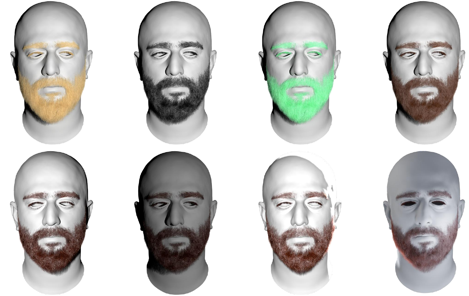 Physics-based relighting and material editing. Our grounded strand asset supports physically based rendering via the Chiang hair BSDF. Top row: material editing with varying hair color (blonde, black, green, brown) under fixed lighting. Bottom row: the same geometry rendered under different lighting conditions with fixed material, demonstrating consistent strand-level response to illumination changes.