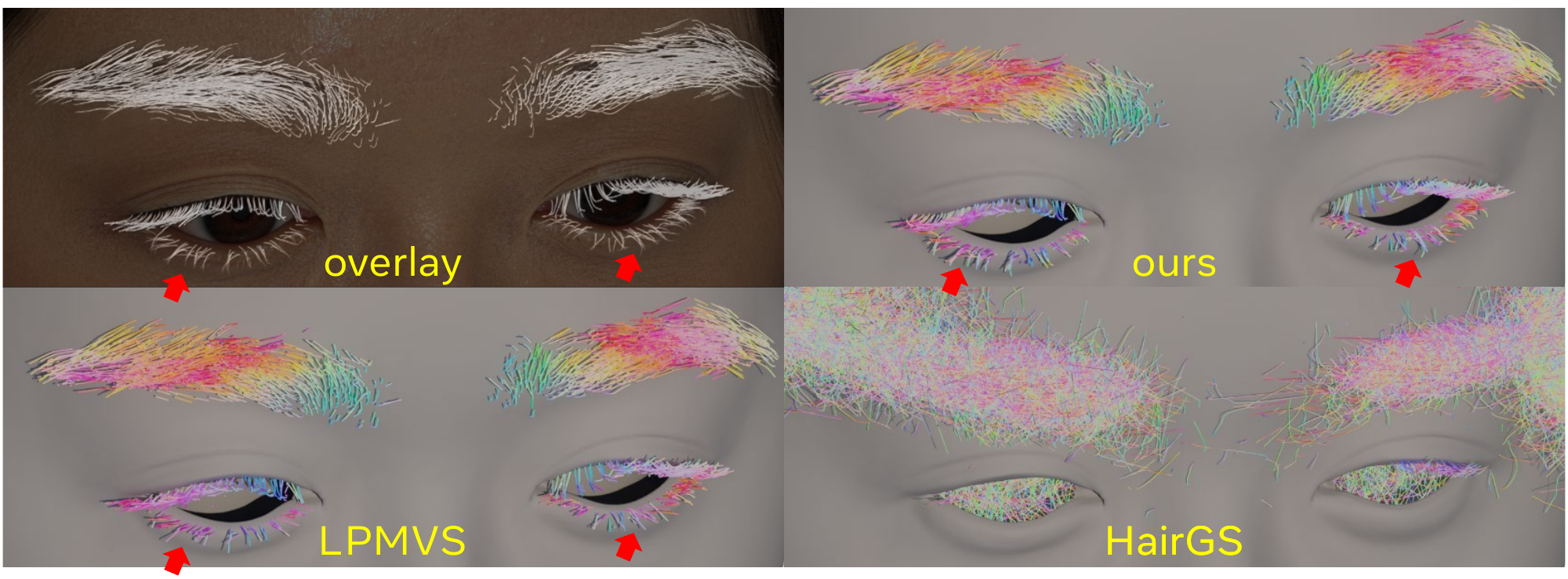 Comparison on eyebrows and eyelashes. Our method outperforms both LPMVS and HairGS on our in-house eyelash and eyebrow dataset, faithfully reconstructing their detailed fine structures.