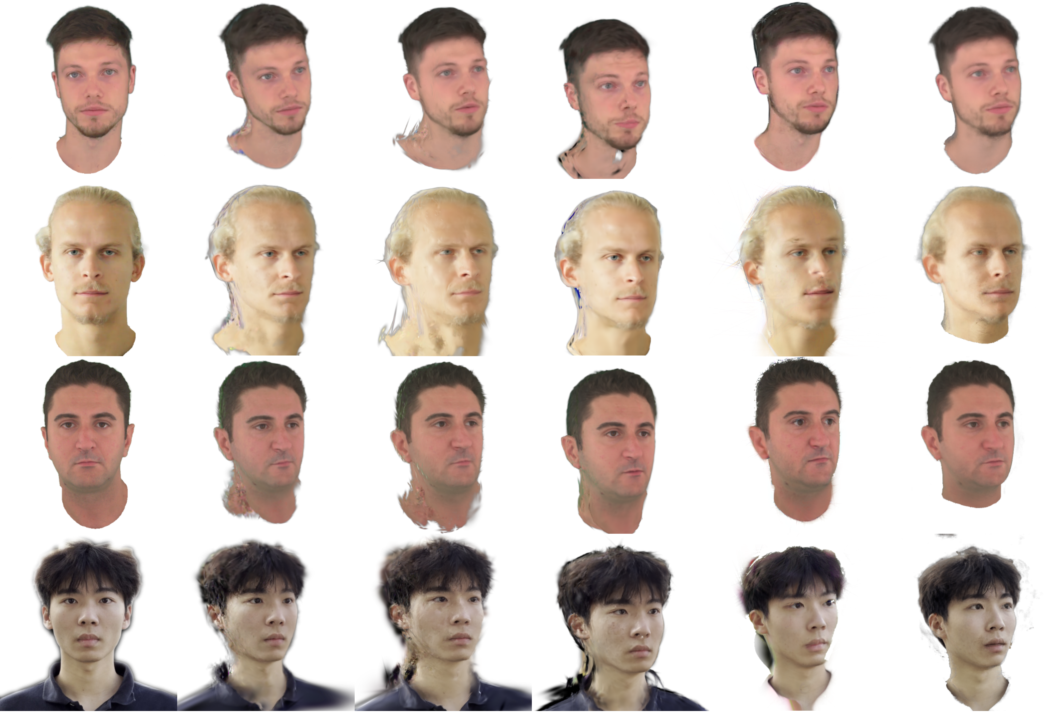 Qualitative comparison on public INSTA benchmark sequences. Rows show representative subjects from the public INSTA benchmark sequences. The leftmost column shows the sequence reference image, and the remaining columns compare with recent monocular head-avatar baselines rendered at $-25^\circ$. This lateral probe emphasizes the regime targeted by LentiAvatar: preserving identity, hair, ear, and jaw structure while reducing neck leakage and boundary artifacts that become prominent in multiview autostereoscopic presentation.