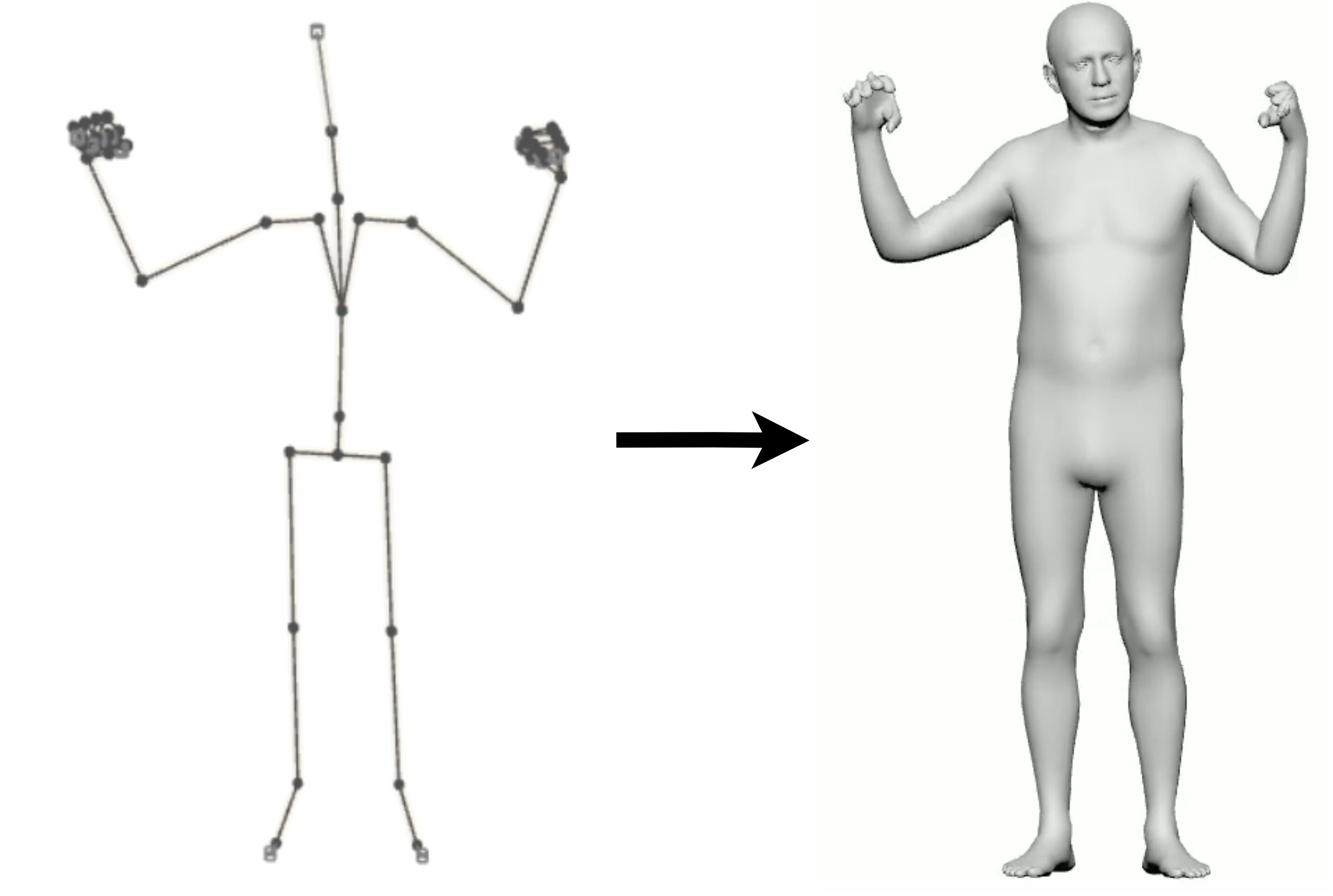 Illustration of the BVH to SMPL-X retargeting process. On the left, a BVH skeleton (typically represented by sticks and joints) captures motion data. On the right, the same motion is retargeted onto an SMPL-X body model, demonstrating how the raw skeletal data is mapped onto a SMPL-X body representation for our framework.