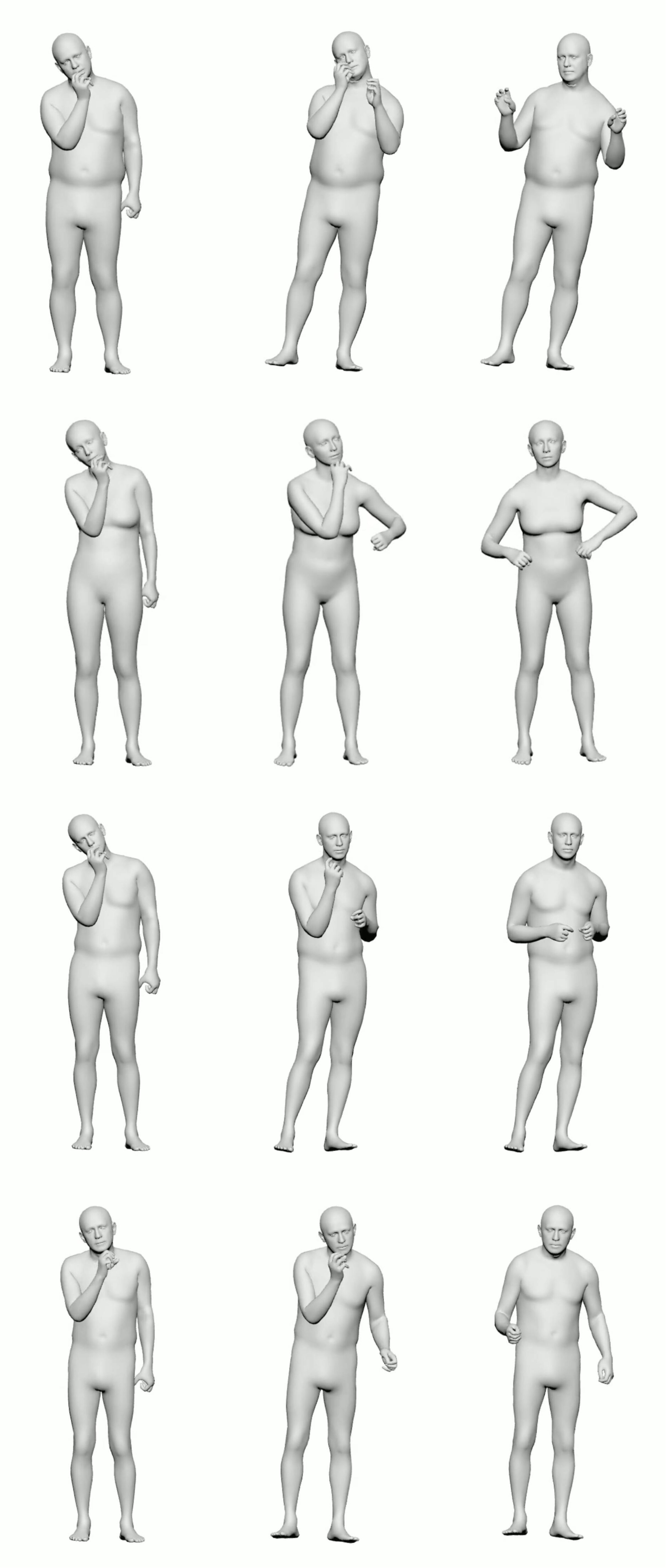 Cross-identity semantic gesture injection. We show two semantic gestures, Covering the Face (Hands Up) (left) and Thumbs Down (right), applied to multiple target speakers (rows: Lawrence, Ayana, Wayne, Scott). For each gesture, columns compare the source semantic motion, our JMI-injected result, and the base diffusion output without injection. JMI enforces the intended semantic motion while preserving each speaker’s characteristic posture and motion style.