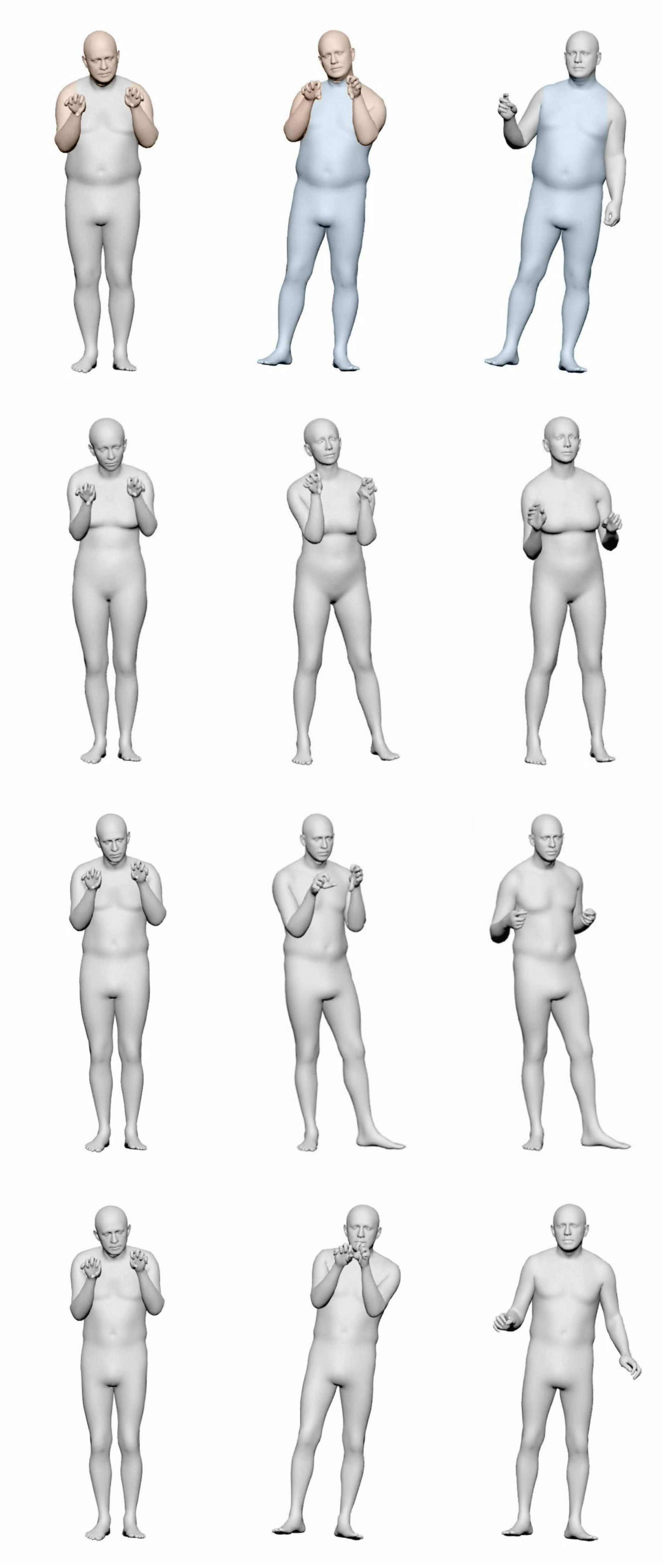 Cross-identity semantic gesture injection. We show two semantic gestures, Beast Claw (left) and Checking the Time (right) applied to multiple target speakers. For each gesture, we compare the source semantic motion (gesture bank), our JMI-injected result, and the base diffusion output (no injection). JMI modifies only the active joints, preserving each speaker's posture and motion style while enforcing the intended semantics.