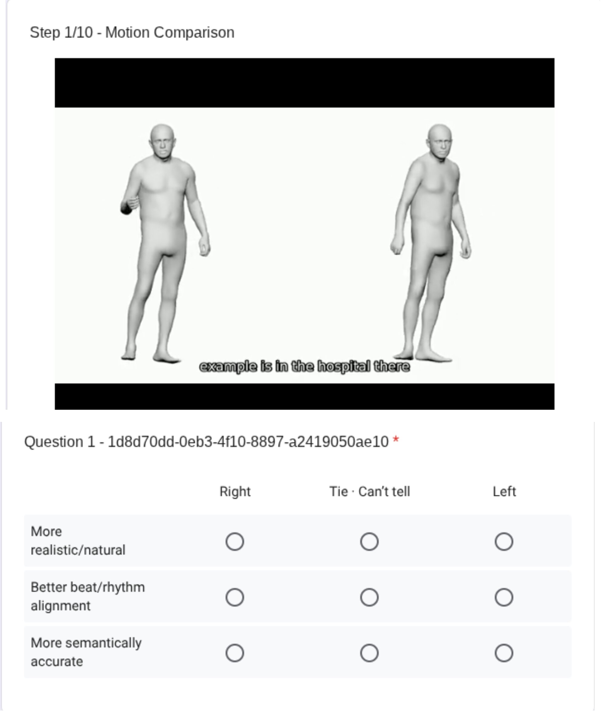 Screenshot from Perceptual Study 1: Co-Speech Gesture Generation Quality. Participants compared two avatar animations side-by-side and evaluated their realism, sound-motion alignment, and semantic accuracy. This image depicts a practice pair used to familiarize participants with the task.