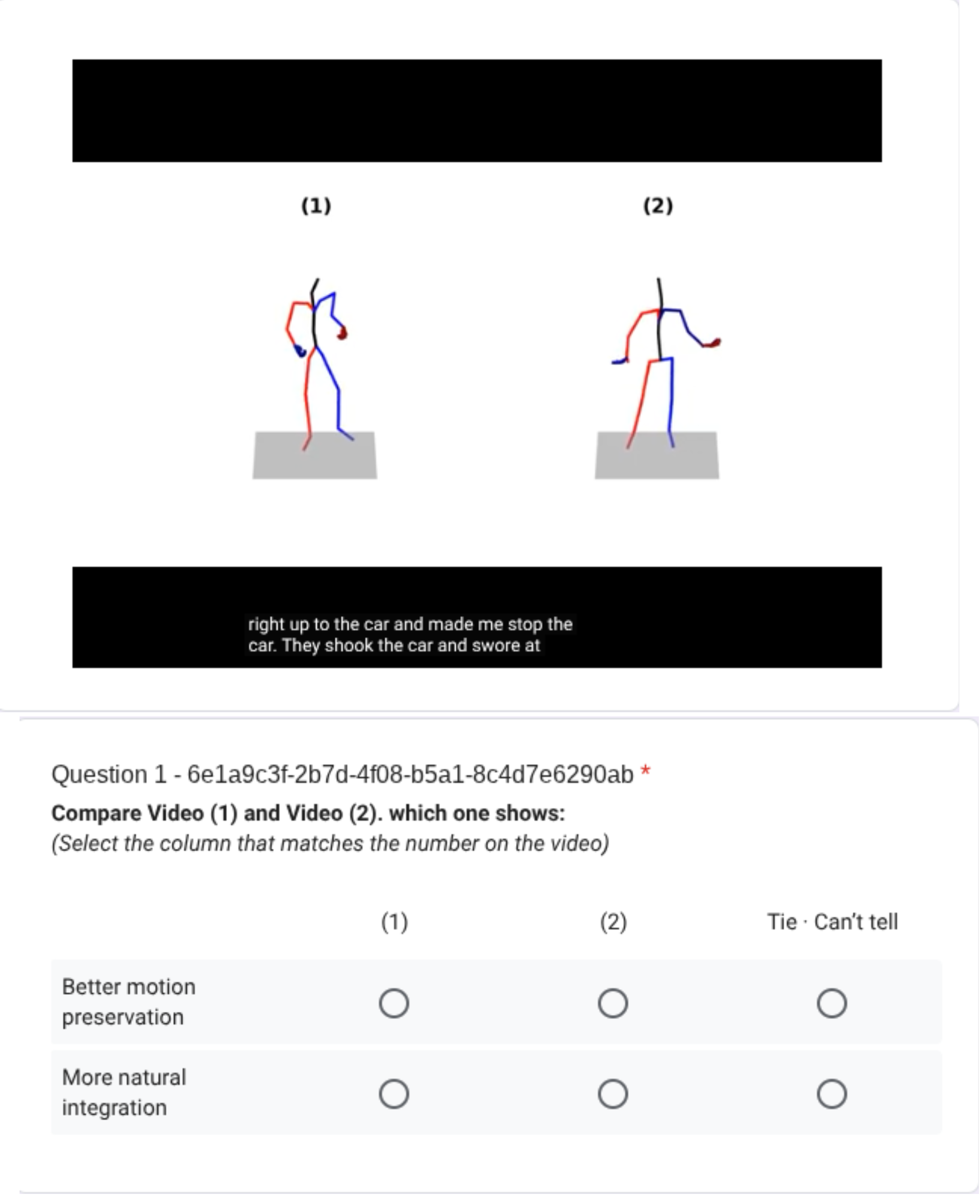 Screenshot from Perceptual Study 2: Semantic Gesture Integration. This image illustrates how target gestures (e.g., ``Fist Punch,'' ``Face Barrier'') were presented using skeletal motion rigs as ground truth references, before participants evaluated their integration into full animations.