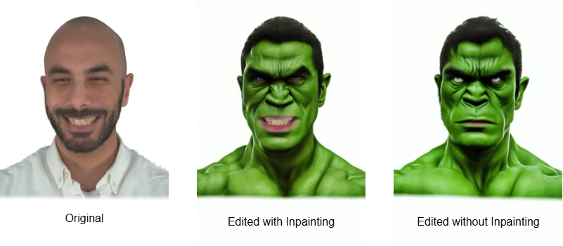 Comparison between edited results with and without inpainting process.
