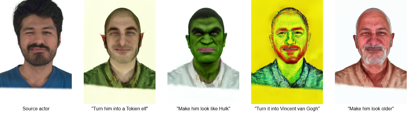 Qualitative results of the cross-identity reenactment experiment. Expressions and poses from a different actor are transferred to animate the edited avatar. Text prompts corresponding to each edit are provided below the images.