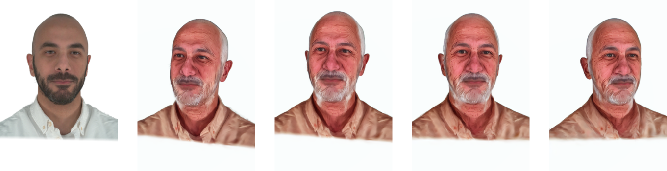 Qualitative results of the novel view synthesis experiment. Given the text prompt ``Make him look older'', our method generates consistent and high-quality edits across different viewpoints, while preserving identity and structural details.