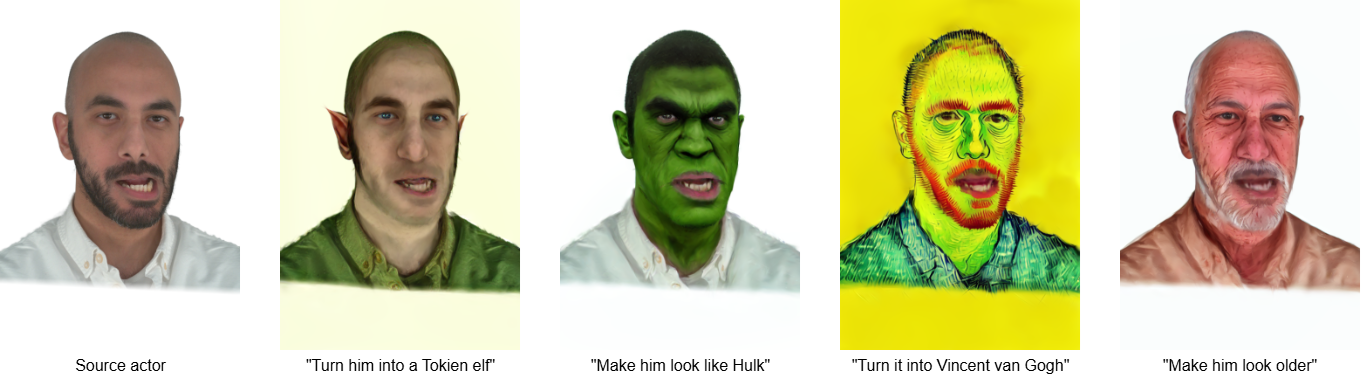 Qualitative results of the self-reenactment experiment. The edited avatar is driven by unseen expressions and poses from the same actor. The text prompts corresponding to each edit are shown below the images.