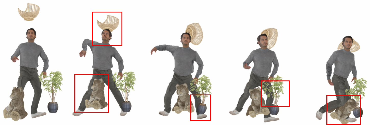Multi-object interactions. The avatar and objects push against each other, causing object deformation. Our simulator supports such interactions between an avatar and multiple dynamic objects, demonstrating multi-object capabilities.