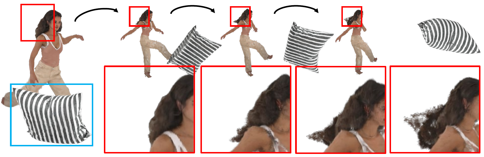 Non-rigid deformation. Our method can generate non-rigid deformations, such as naturally fluttering hair, that are not achievable with conventional avatars without explicit modeling.