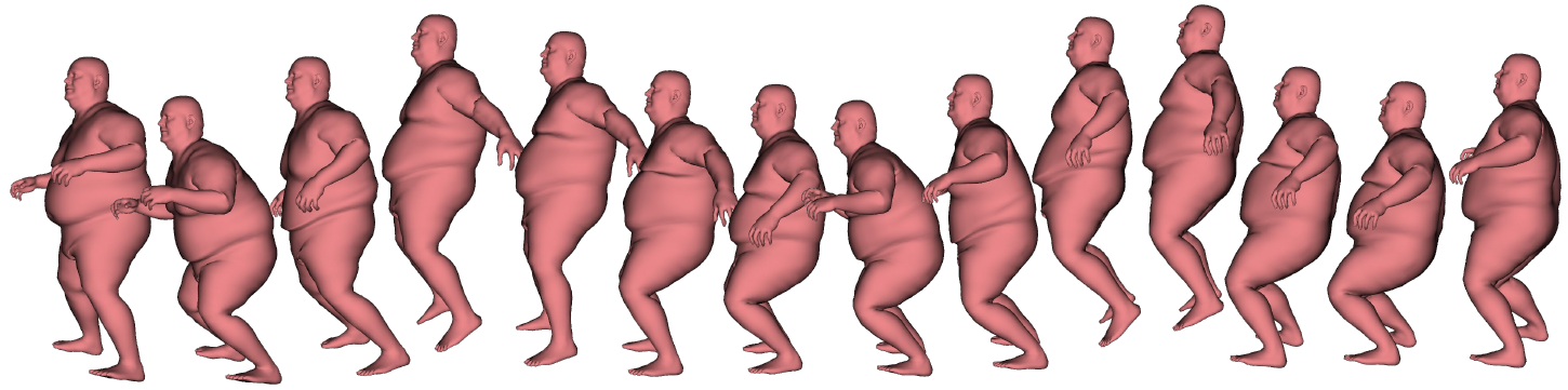 Soft-tissue deformable avatar. Our simulator produces non-rigid effects, such as the natural jiggling of belly fat. Unlike conventional LBS-based avatars, where body motion does not influence surface deformation, our physical simulation system exhibits natural inertial wobbling during jumping and landing.