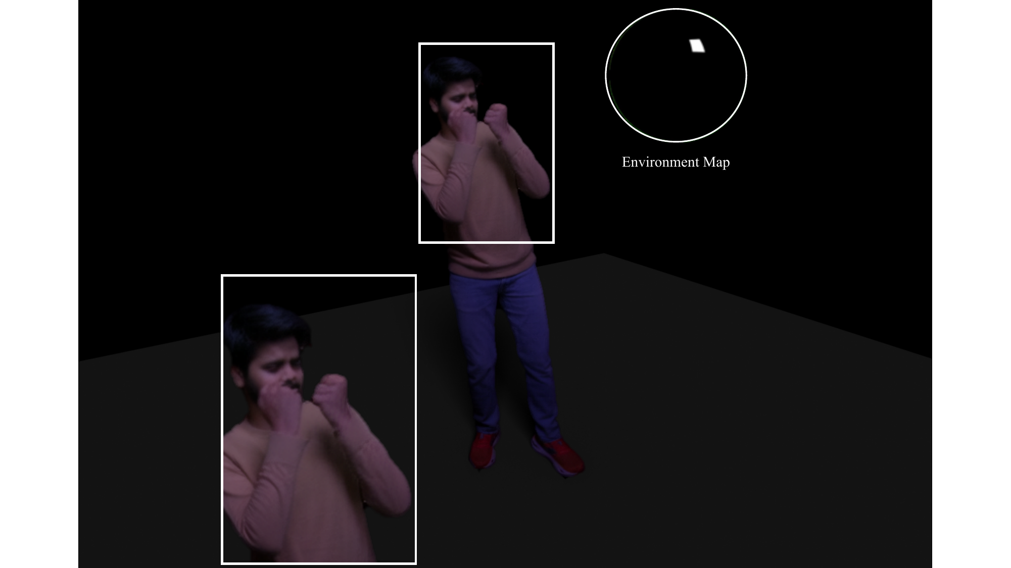 Qualitative Results. GRA generates photorealistic free-view renderings of dynamic humans under novel poses, viewpoints, and illumination. Characters are seamlessly placed into diverse real-world environments, demonstrating realistic relighting, coherent shading, and consistent appearance under challenging lighting conditions. Notably, our physics-grounded model is able to generalize to OLAT lighting conditions despite not having seen these at training time.