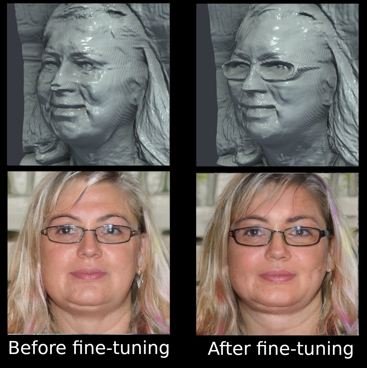 Side-by-side comparison of EG3D 3D-aware face GAN geometry before (left) and after (right) fine-tuning with human-preference supervision, highlighting improved mesh quality.