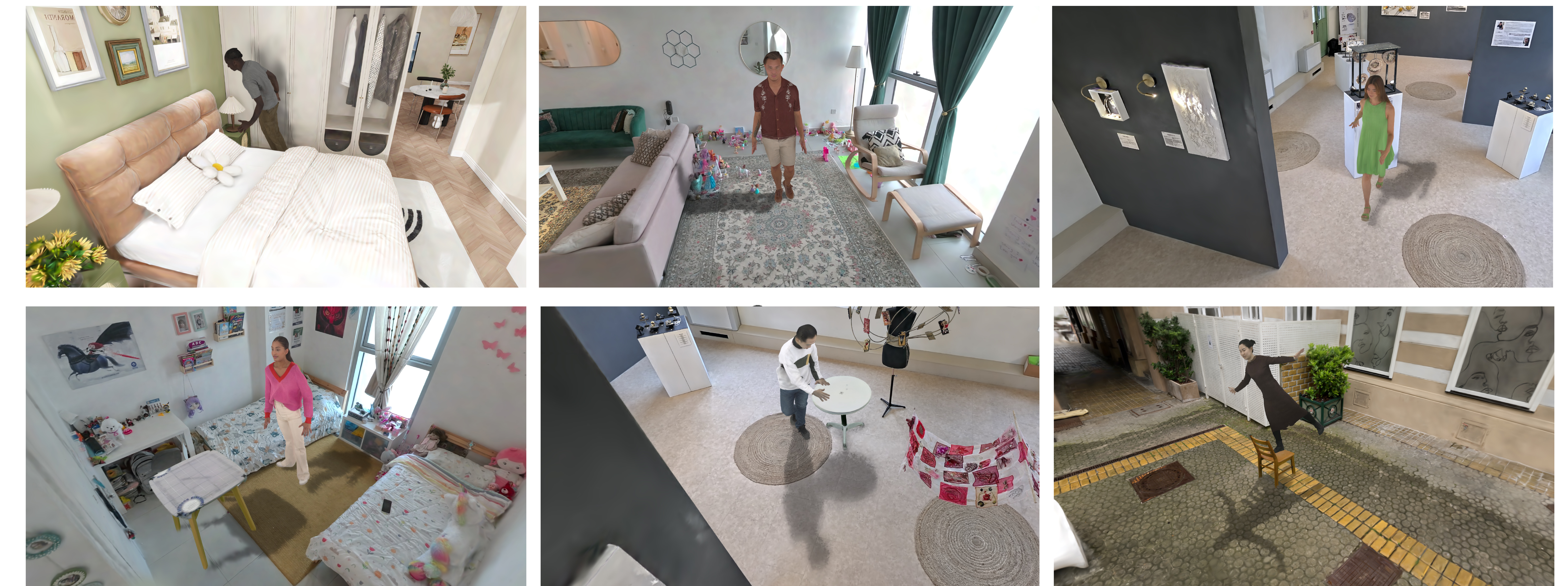 Qualitative results showing RAGA shadows across single-avatar, multi-avatar, and avatar-object interaction scenarios.