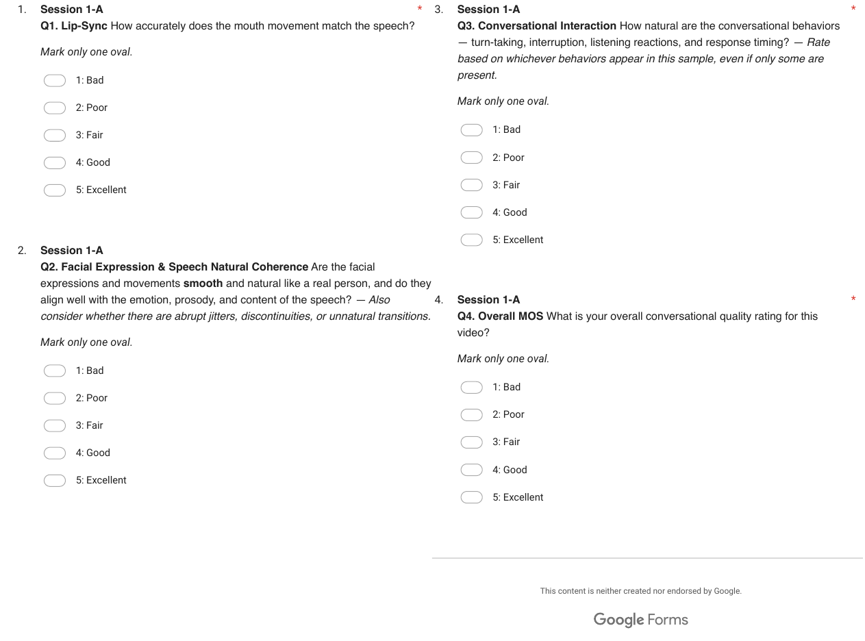 Google Form rating questions for user study