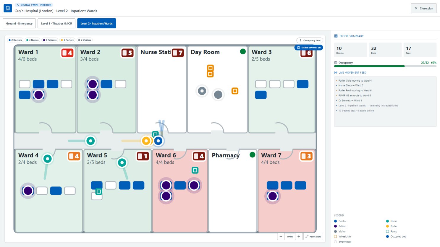 Room-level floor plan in the NHS Digital Twin prototype showing wards, beds, staff and asset positions